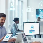 Unified products and services" visual: Professionals using secure login on laptops and tablets, with icons for mobile app and customer support.