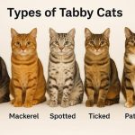 Illustration of striped and tabby cat breeds showing different coat patterns and colors.