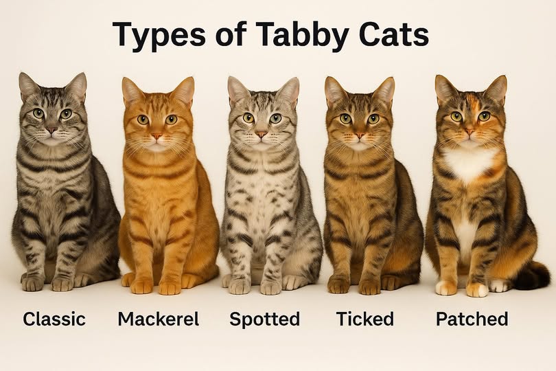 Illustration of striped and tabby cat breeds showing different coat patterns and colors.