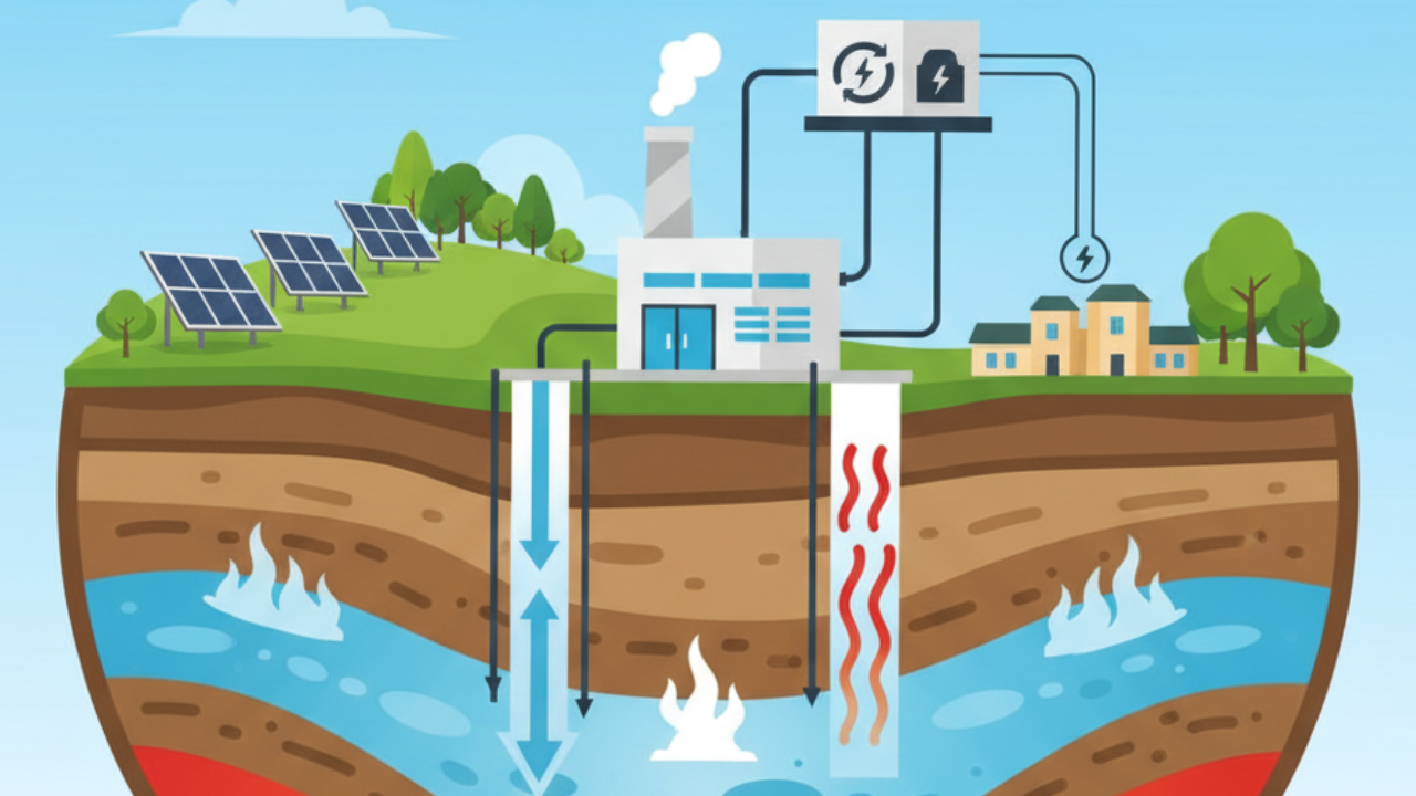 Geothermal power plant generating renewable energy from underground heat.