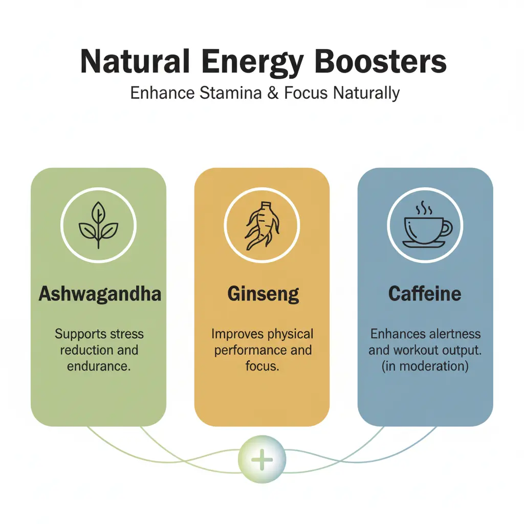 Infographic explaining natural energy boosters for better stamina: which supplement is best for which purpose.