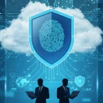 Digital data shield and two professionals with protected laptops, emphasizing personal data security and privacy.