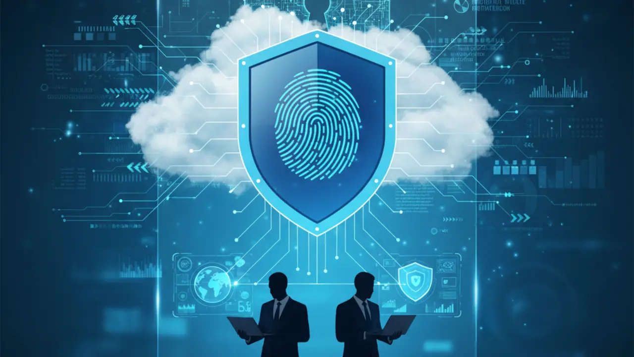 Digital data shield and two professionals with protected laptops, emphasizing personal data security and privacy.