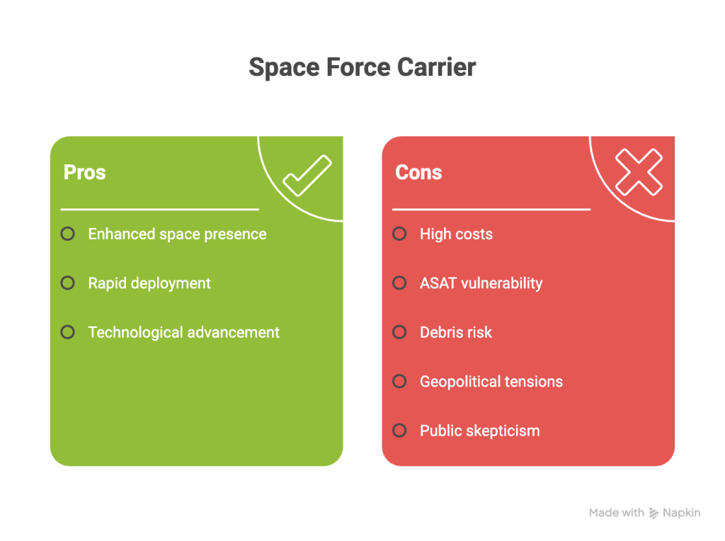 Infographic of pros and cons of Space force orbital warship carrier