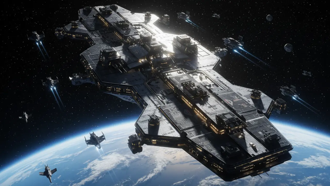 Concept image of the U.S. Space Force orbital warship carrier designed to redefine military defense and control from space