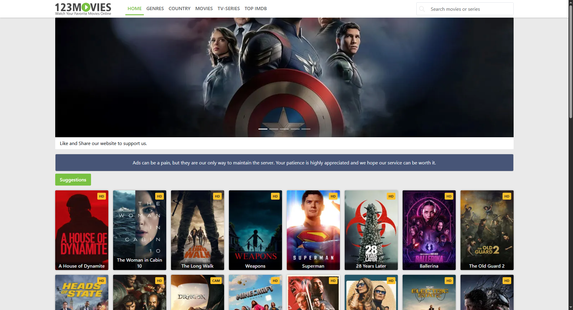 Homepage of the 123Movies streaming site, displaying a banner featuring characters from Captain America: Civil War and multiple movie thumbnails.