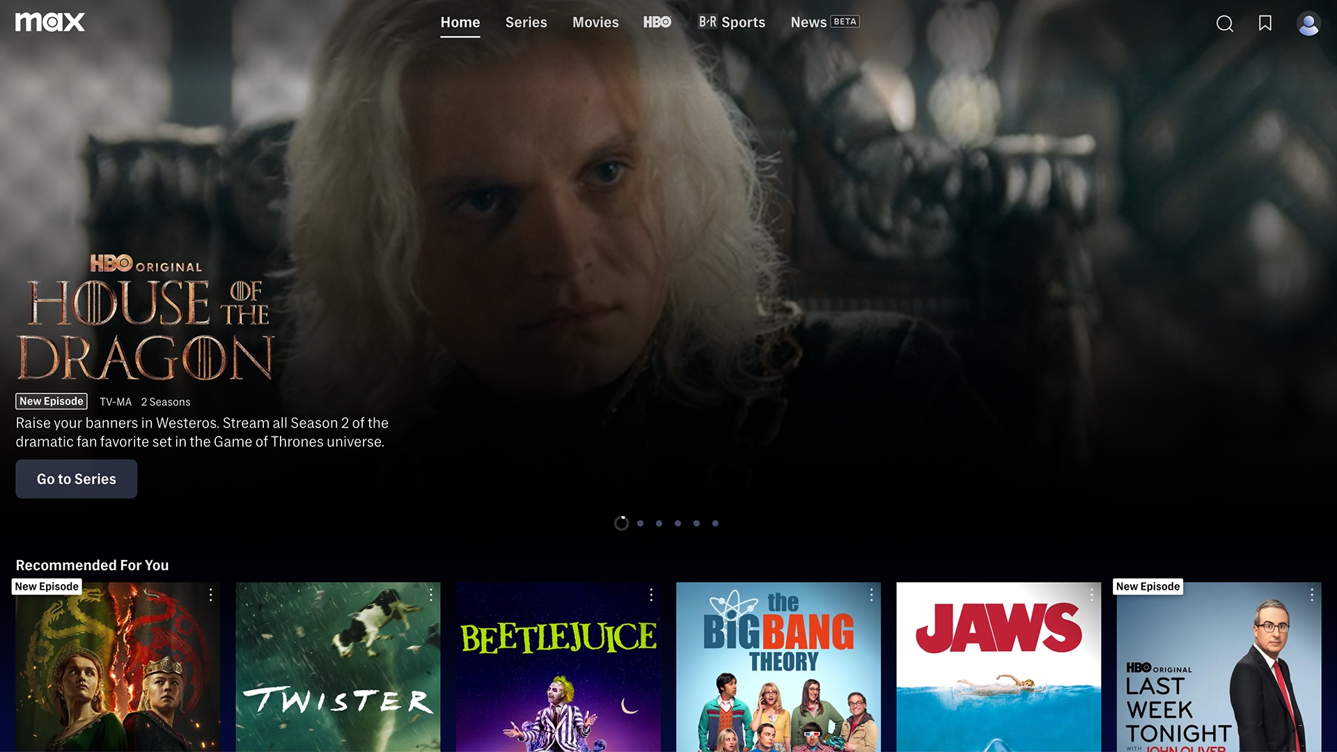 Homepage of the Max (HBO Max) streaming service, featuring House of the Dragon as the main promoted title with a "Go to Series" button.