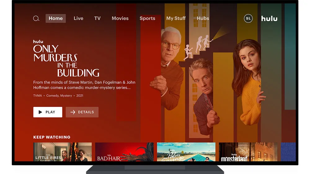 Screenshot of the Hulu streaming service interface on a TV screen, featuring Only Murders in the Building as the main promoted series.