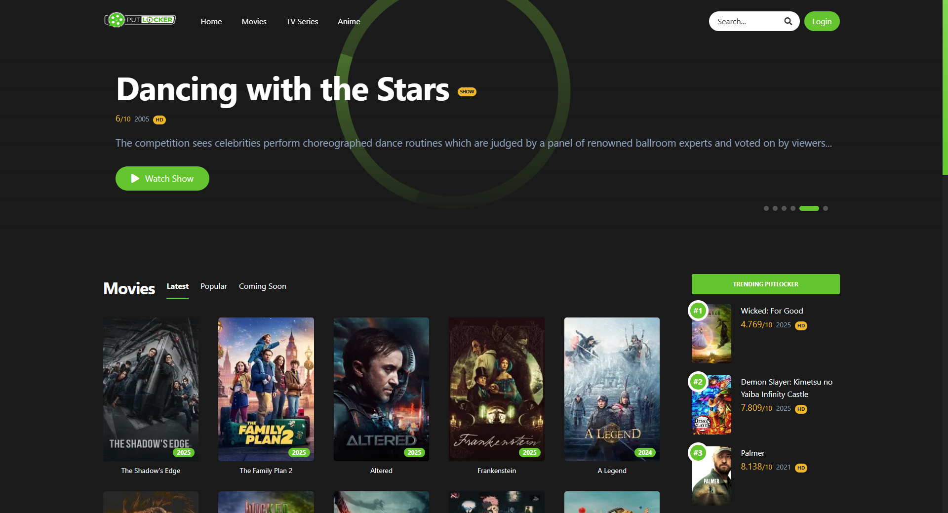Homepage of the Putlocker streaming website, featuring a rotating banner advertising Dancing with the Stars and a section for the latest movies.