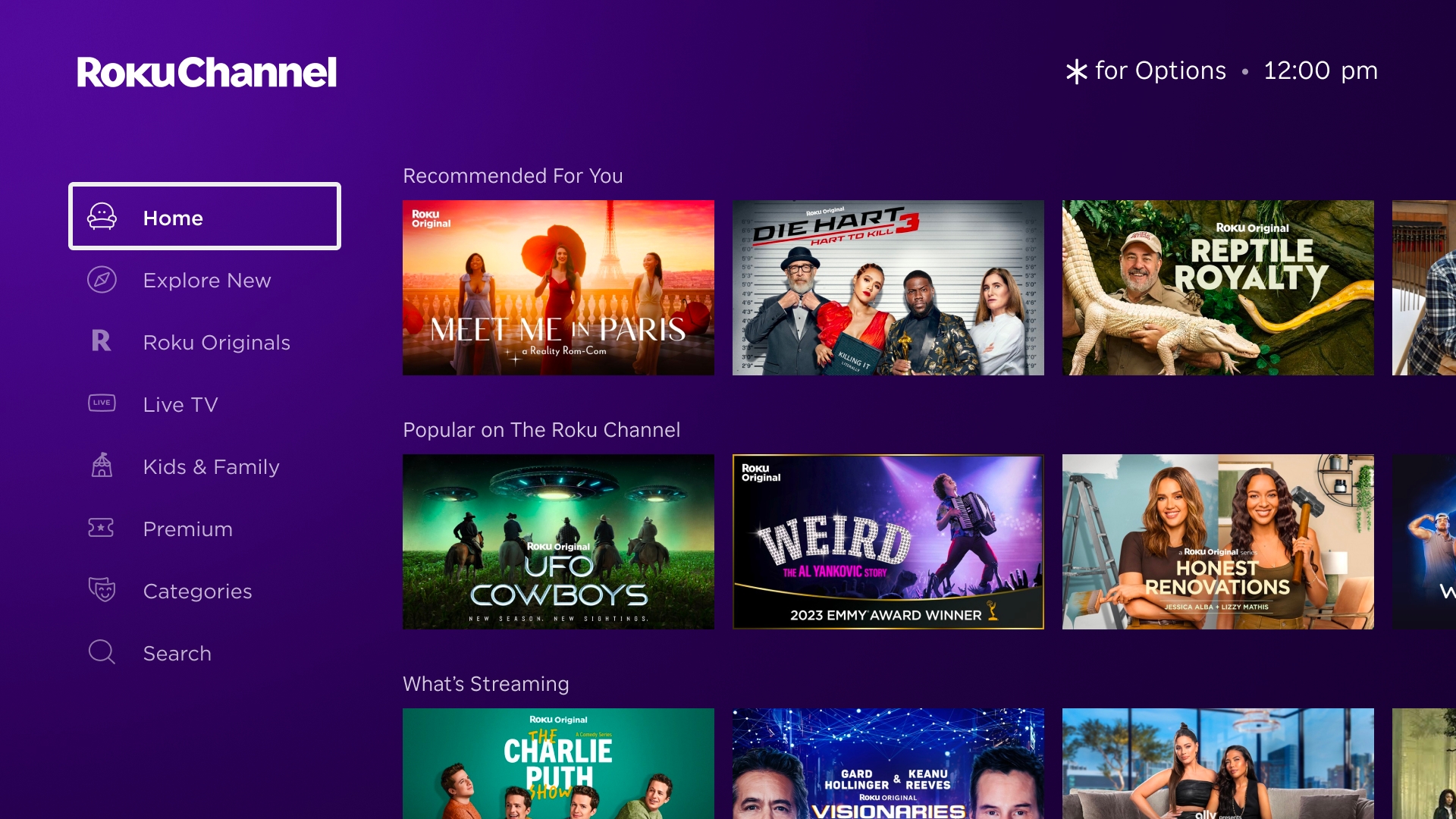 Screenshot of The Roku Channel interface on a TV, displaying categories like Home and Live TV, and featured content under "Recommended For You" and "Popular."