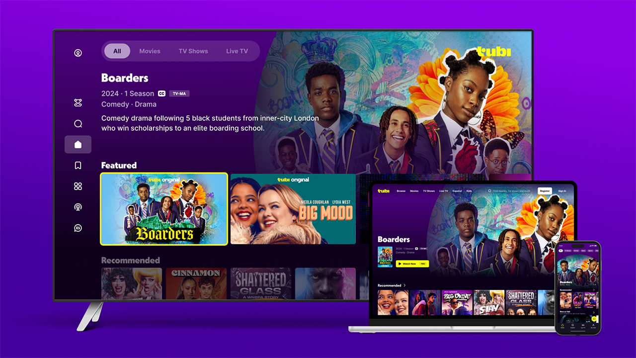Promotional image of the Tubi streaming service interface across a TV, laptop, and phone, highlighting the Border series.