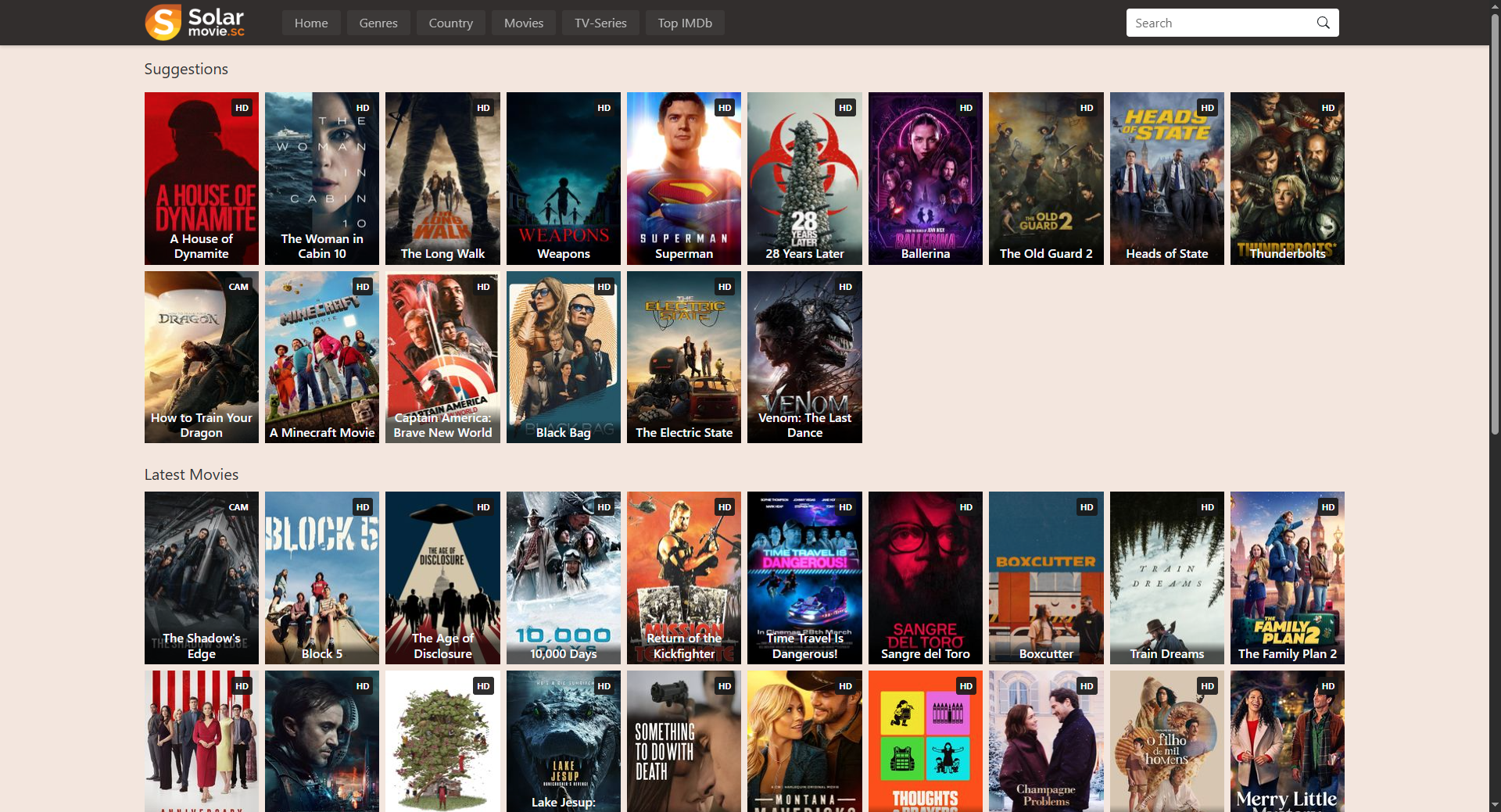 Homepage of the SolarMovie streaming website, featuring a list of suggested movies and a section for the latest movie releases.