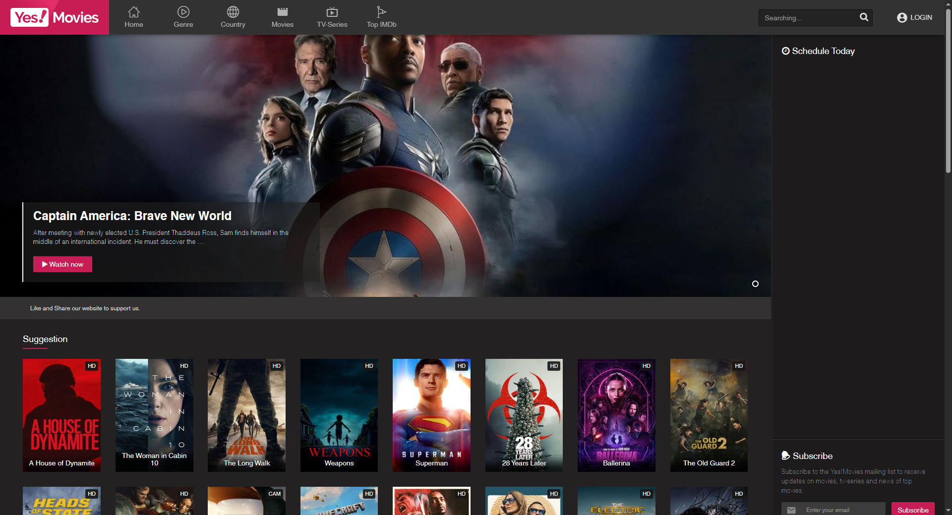 Homepage of the Yes!A movie streaming website, featuring a large banner for Captain America: Brave New World and a section for movie suggestions.