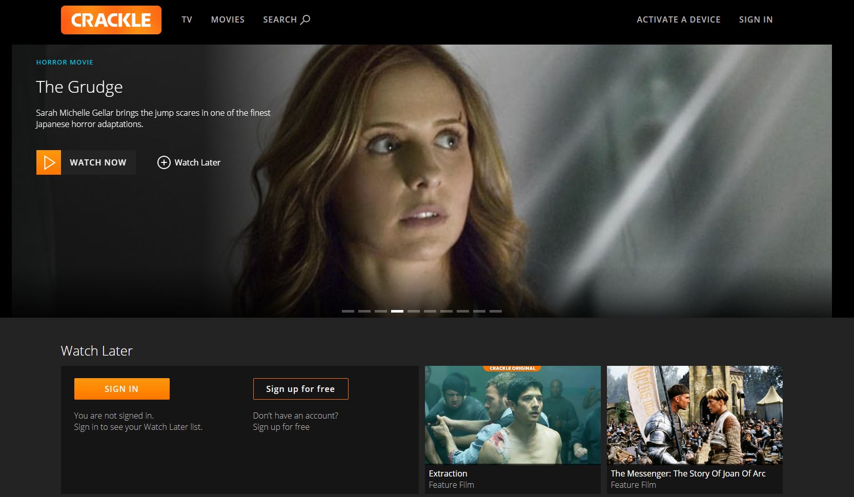 Homepage of the Crackle streaming service, featuring The Grudge as the main promoted title and a "Watch Later" section below.