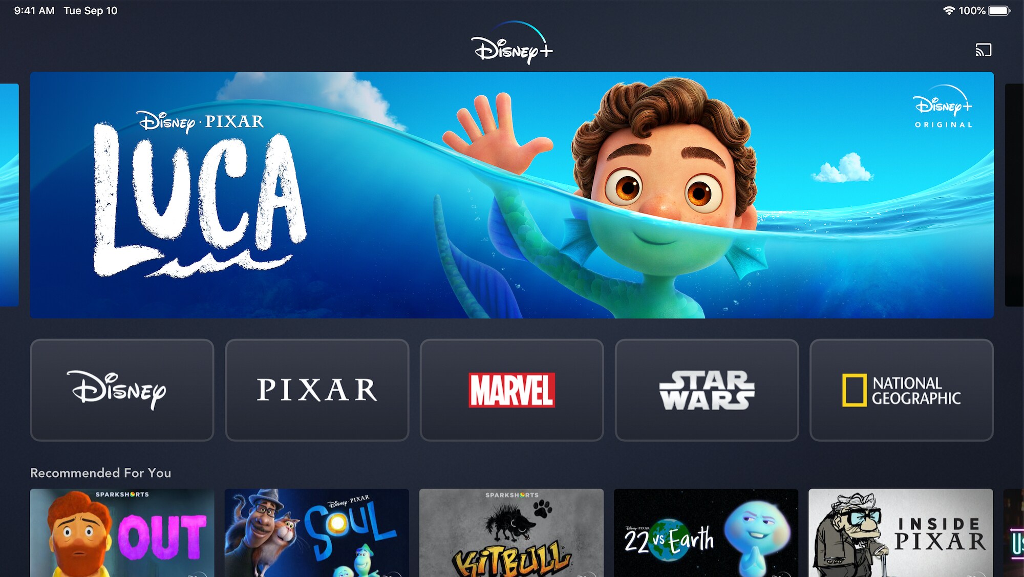 Screenshot of the Disney+ app interface, featuring a banner for the Disney/Pixar movie Luca and dedicated tiles for major brands (Disney, Pixar, Marvel, Star Wars, National Geographic).