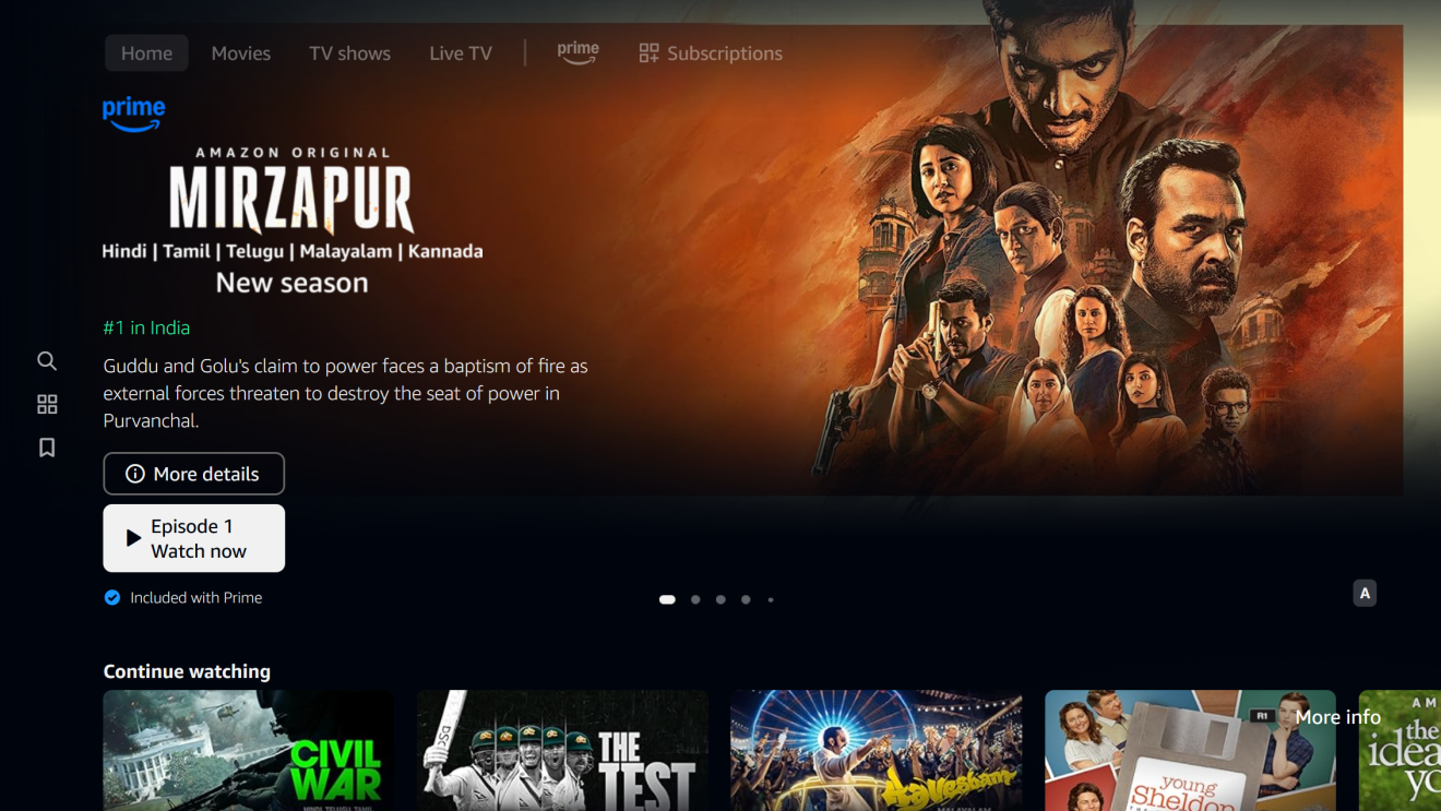 Screenshot of the Amazon Prime Video interface, featuring the original series Mirzapur as the main title with details about the new season and language options.