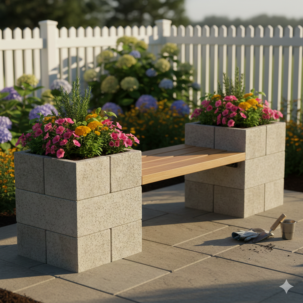 Concrete Block + Wood Bench Planter
