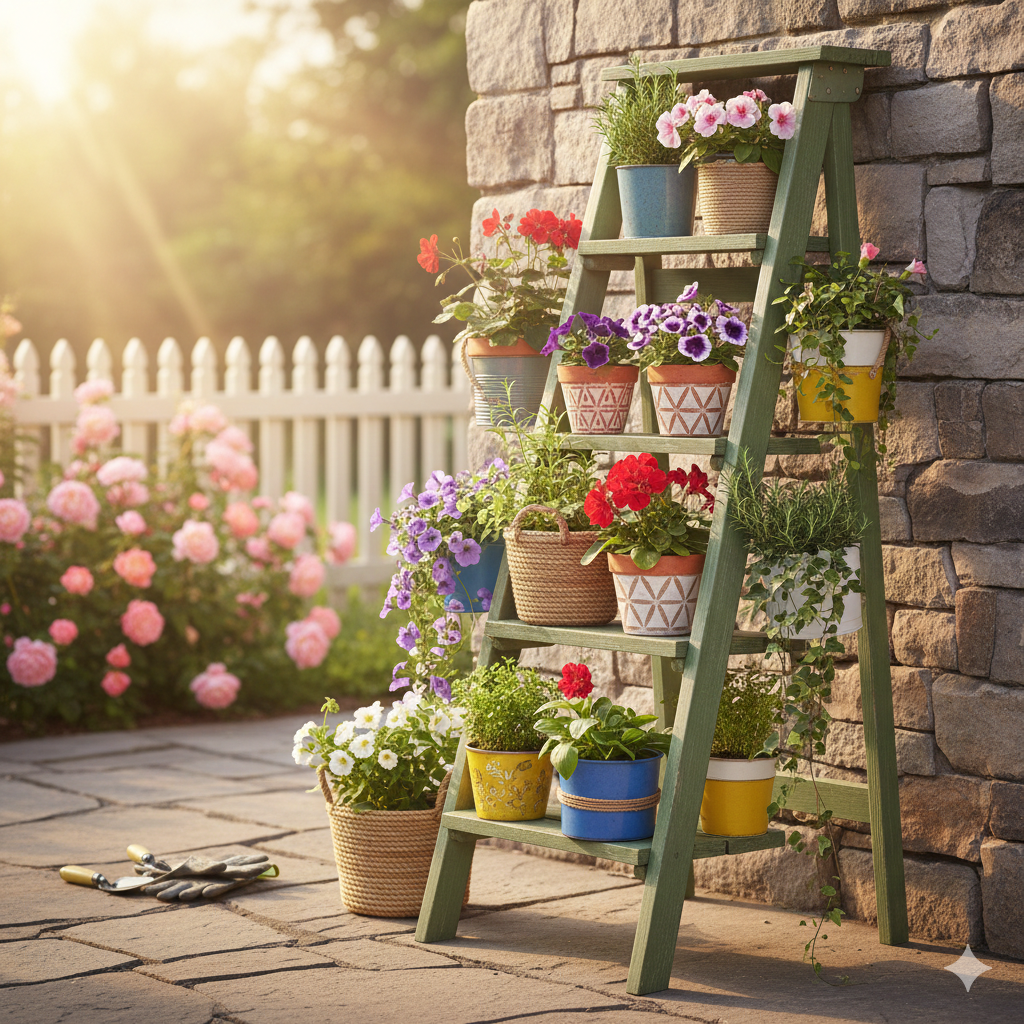Wooden Ladder Plant Shelf
