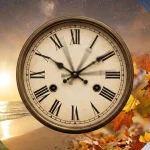 A clock with different seasons of a year in the background presenting how many hours are in a year.