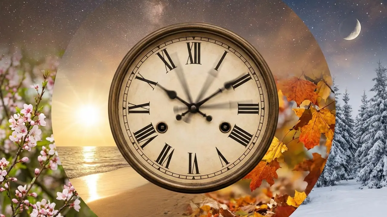 A clock with different seasons of a year in the background presenting how many hours are in a year.